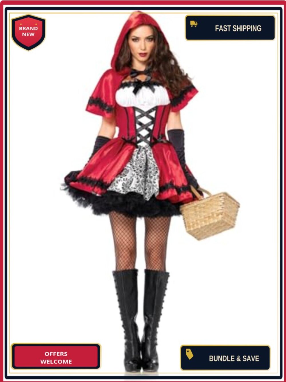 2 PC Gothic Riding Hood Costume Satin Brocade Peasant Dress Cape Halloween